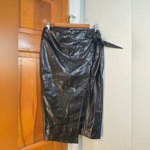 Black Faux Leather Wrap Midi Skirt with Side Tie Sz L